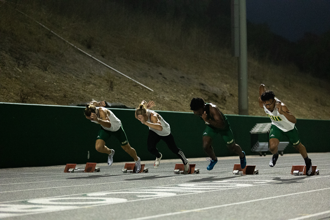 Men's Sprinters at Intersquad meet Pictured left to right Gunnar Ashmon, Chase Murphy, Chinedu Acholonu, Jaedyn Oliver